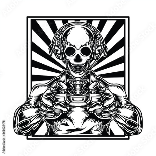 tattoo and t-shirt design black and white hand drawn skeleton gamer with controller game premium vector