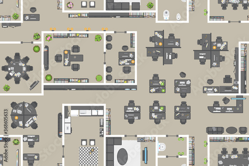 Seamless pattern. Office top view. Working space. 
Office room, meeting room, reception, restroom, office furniture, cabinets, desks, chairs, computers. View from above.