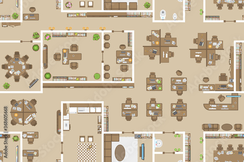 Seamless pattern. Office top view. Working space. 
Office room, meeting room, reception, restroom, office furniture, cabinets, desks, chairs, computers. View from above.