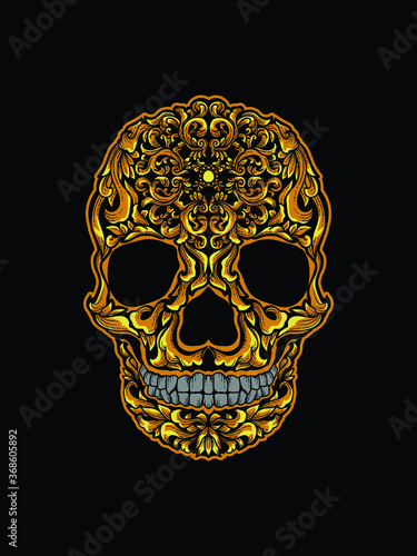 artwork illustration and t-shirt design golden skull head engraving ornament premium vector