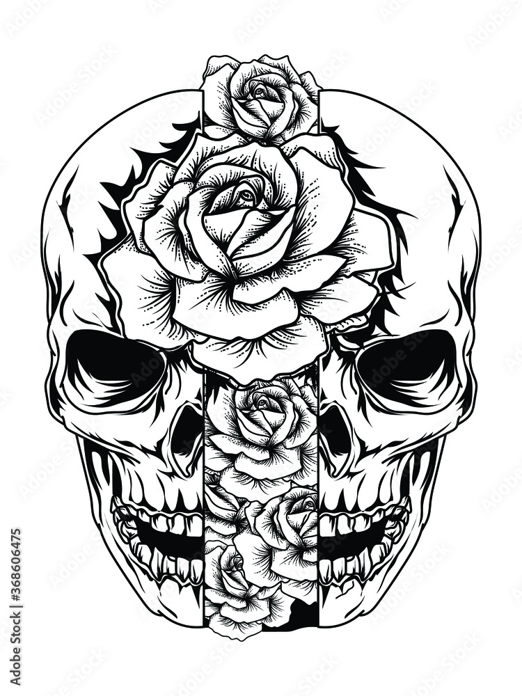 tattoo and t-shirt design black and white hand drawn rose in skull ...