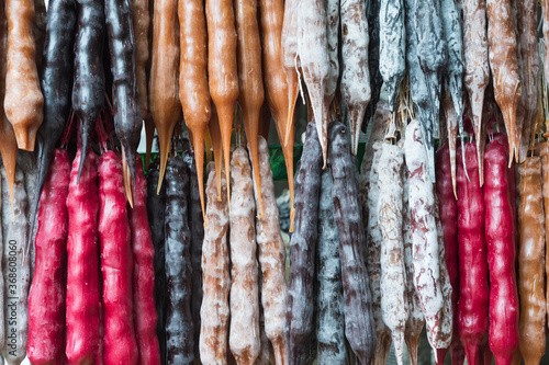 Churchkhela Candies wrapped in wax, Tbilisi, Georgia, Caucasus, Middle East, Asia photo