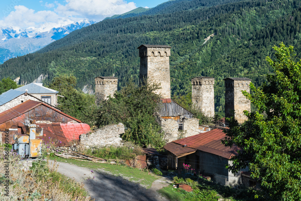 Traditional medieval Svanetian tower houses, Lashtkhveri village, Svaneti region, Caucasus, Georgia