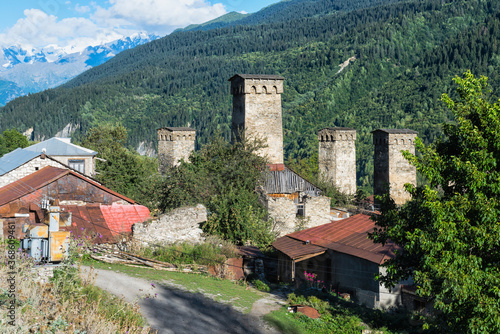 Traditional medieval Svanetian tower houses, Lashtkhveri village, Svaneti region, Caucasus, Georgia