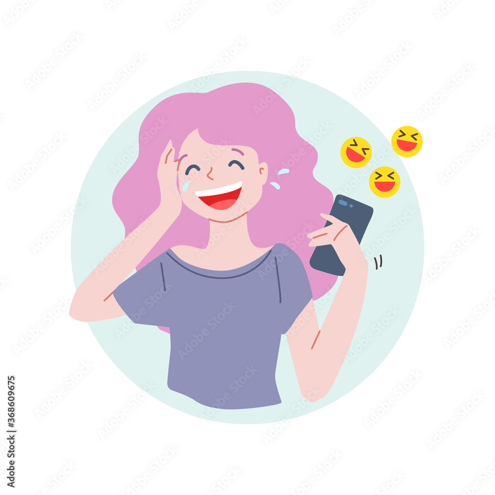 Laughing girl with a phone. Illustration of a young girl laughing to tears when reading a message using a mobile phone. Vector 8 EPS. Laughing girl with a phone. Illustration of a young girl laughing to tears when reading a message using a mobile phone. Vector 8 EPS.