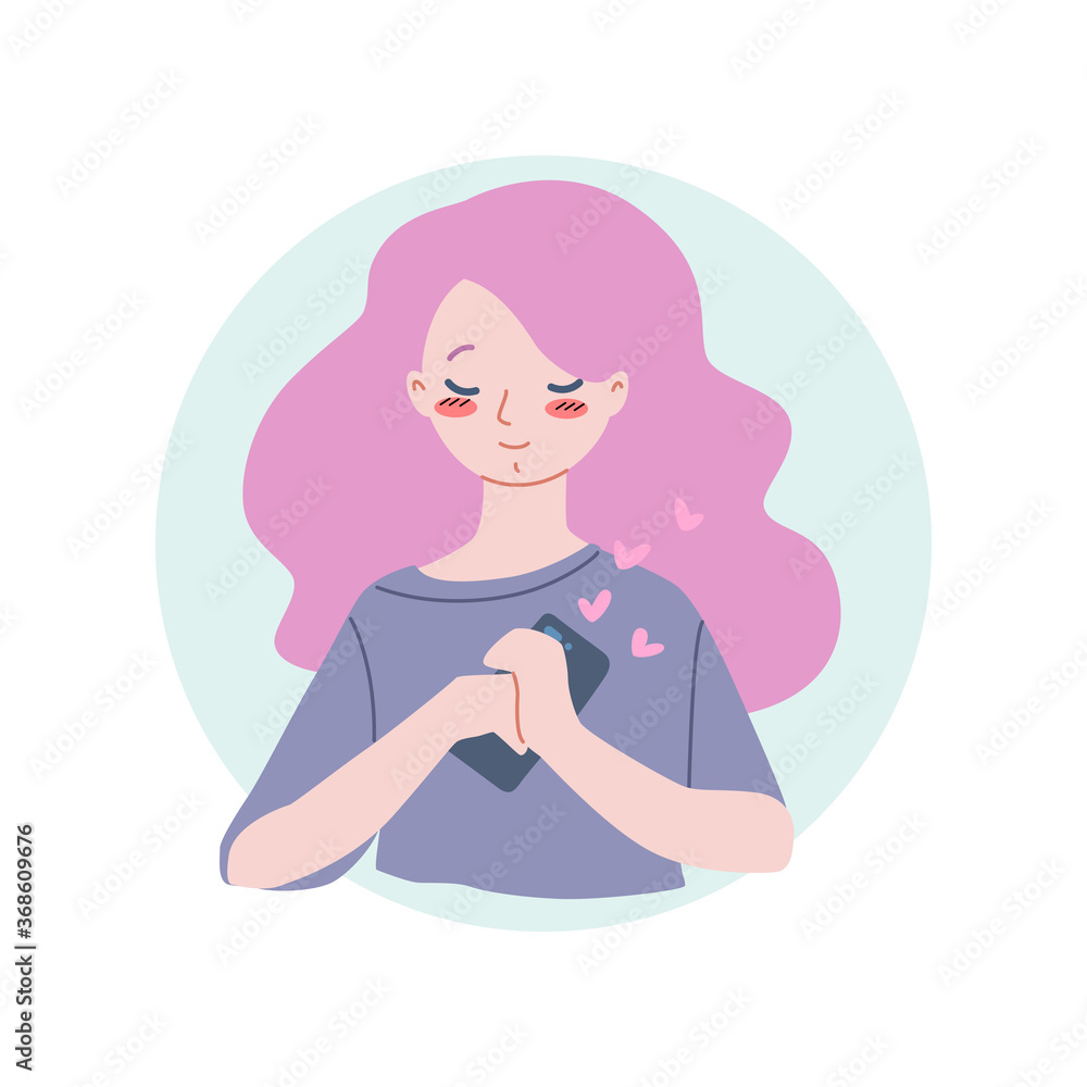 Happy girl with a phone. Illustration of a young girl in love holding a smartphone. Vector 8 EPS. Happy girl with a phone. Illustration of a young girl in love holding a smartphone. Vector 8 EPS.