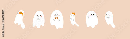 Cute ghosts set. Collection of charming characters for Halloween. Vector isolated illustration on orange background. Spirits with kind faces in flat style. Good for stickers, decor for party