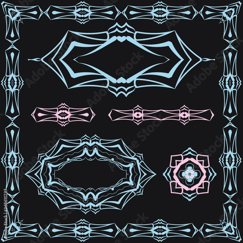 Set of 3 frame and 3 decorativ elements, workpiece for your design. Ornamental elements and motifs. Decor for print design. Square, line and oval desinge element. Vector.	