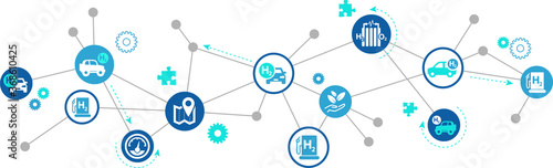 Hydrogen fuel vector illustration. Concept with connected icons related to h2 / wasserstoff drive, alternative & green energy, hybrid cars or hydrogen filling station.