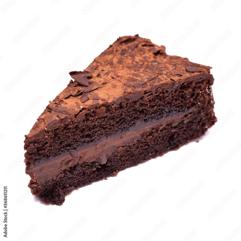 Slice of dark chocolate cake isolated on white background Slice of dark chocolate cake isolated on white background