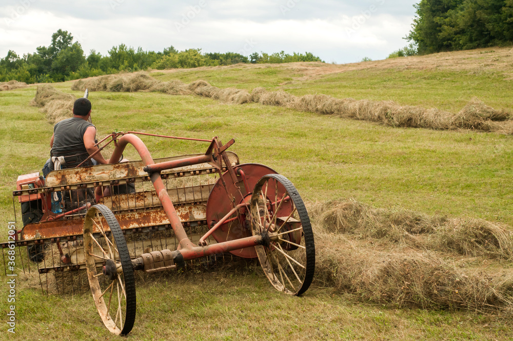 Collecting hay by vintage mashines on mountain meadow in summertime