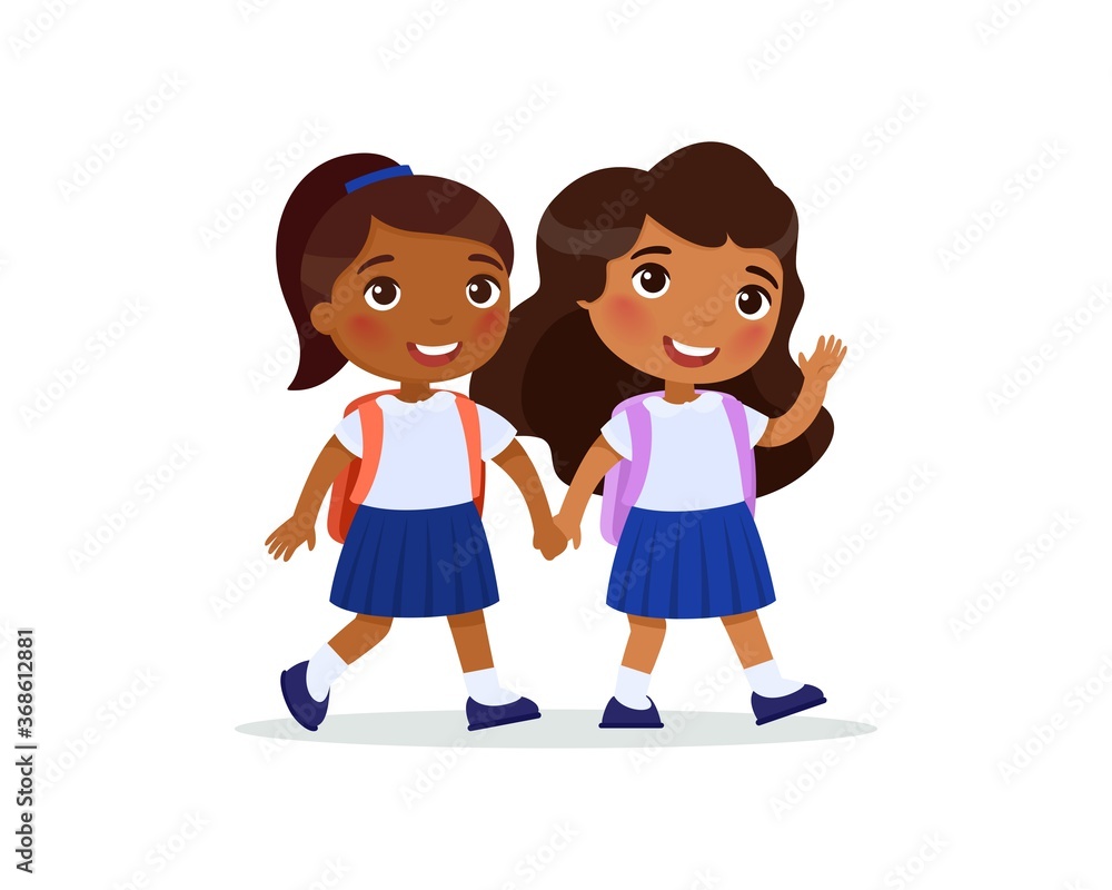 Two schoolgirls going to school flat vector illustration. Couple pupils in uniform holding hands isolated cartoon characters. Two dark skin elementary school students with backpacks waving hand Two schoolgirls going to school flat vector illustration. Couple pupils in uniform holding hands isolated cartoon characters. Two dark skin elementary school students with backpacks waving hand