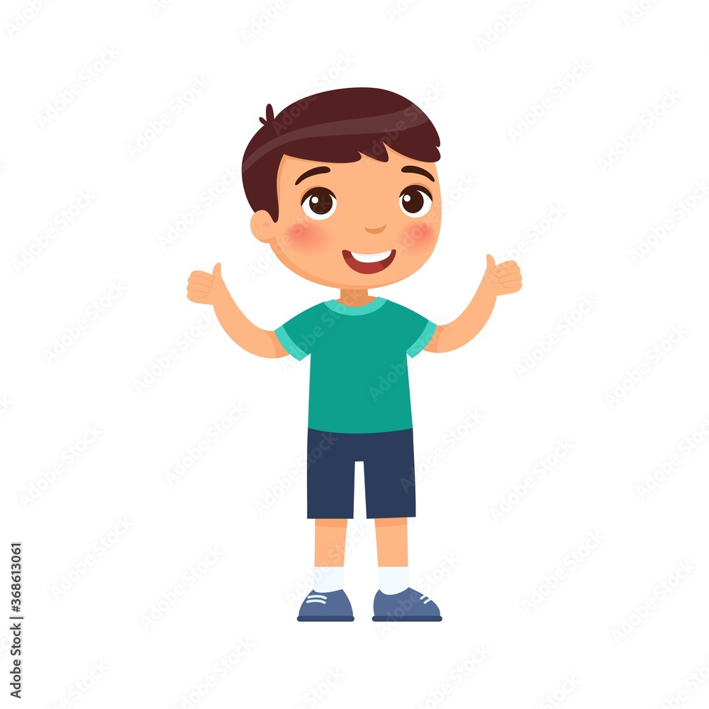 Happy little boy shows thumbs up as a sign of agreement. Cartoon character isolated on white background. Flat vector color illustration.