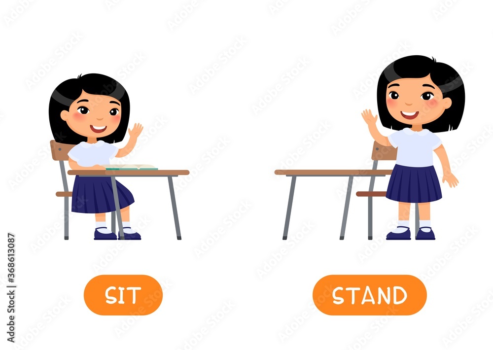 Opposites concept, STAND and SIT. Educational word card with school kid