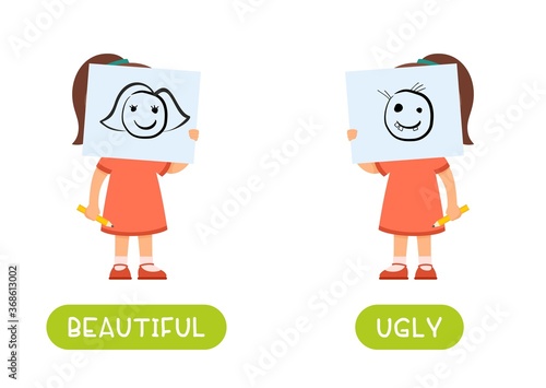 Beautiful and ugly antonyms word card vector template. Flashcard for english language learning. Opposites concept. 
