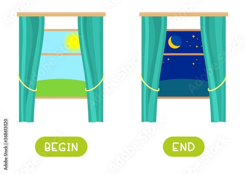 Begin and end antonyms word card vector template. Flashcard for english language learning. Outside the window morning and night.