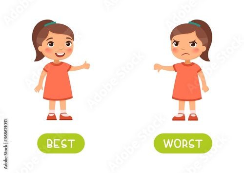 Best and worst antonyms word card vector template. Flashcard for english language learning. Opposites concept. Little girl shows thumbs up in agreement, a disgruntled child shows thumbs down in denial