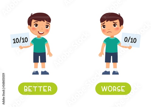 Best and worst antonyms word card vector template. Flashcard for english language learning. A sad boy holds in his hand a sheet with a minimum result and a happy boy shows a maximum result.