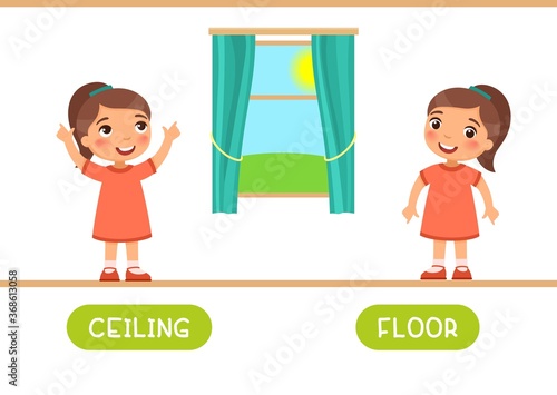 Ceiling and floor antonyms word card vector template. Flashcard for english language learning. Little girl points up and points down.