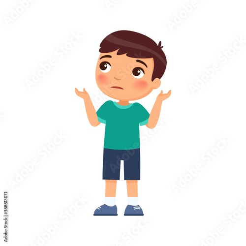 Little boy throws up his hands as a gesture "I don't know". Cartoon character isolated on white background. Flat vector color illustration.