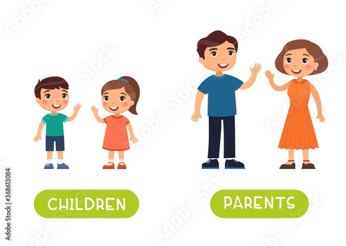 Children and parents antonyms word card vector template. Flashcard for english language learning.