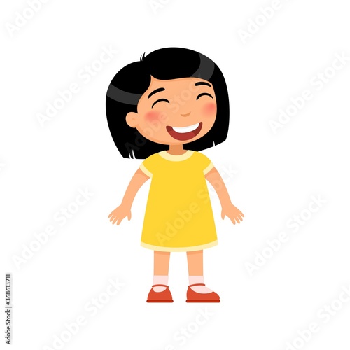 Laughing little girl flat vector illustration. Cheerful asian child with a smile on face standing alone cartoon character. Lonely kid in good mood, person happy expression isolated on white background