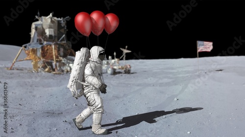 Astronaut walking on the moon with red balloons. Elements of this video furnished by NASA. 3d rendering.