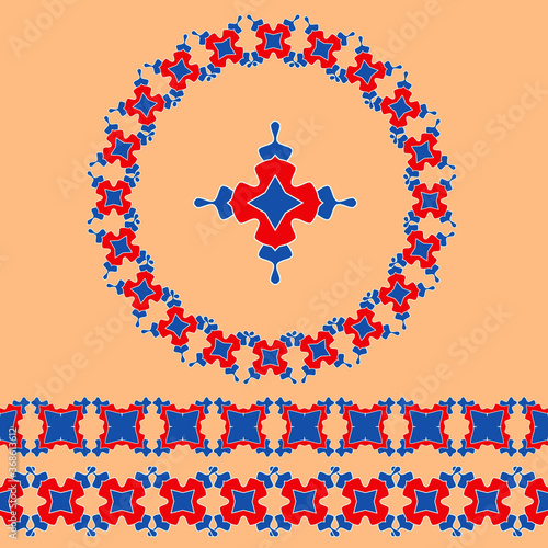 Set of 2 borders, 1 frame and 1 decorative elements, workpiece for your design. Ornamental elements and motifs. Decor for plate, tile, textile and print design. Circle, square design element. Vector.