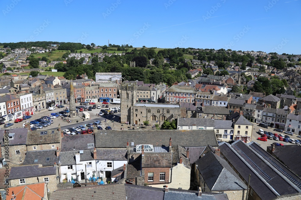 An aerial view over the market square in Richmond, North Yorkshire, England, UK.