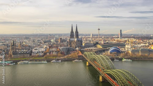 Time Lapse of Aerial View Cologne city and Cathedral with Hohenzollern Bridge, Cologne, Germany photo