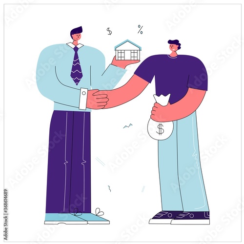 Mortgage vector illustration. Flat tiny house purchase debt persons concept. Buy real estate and pay credit to bank. Abstract ownership agreement visualization. Property money investment contract.
