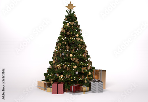 3D Render : the images of Christmas tree decorating with ornament with the white background