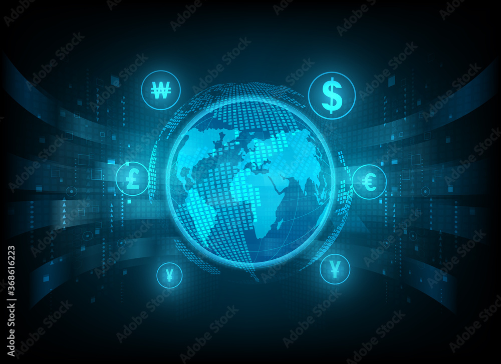 Currency exchange technology Blue background