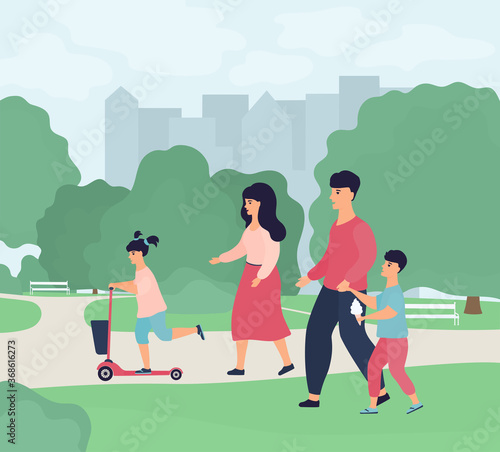 Happy family weekend. Parents with children walk in a city park. The father leads his son by the hand. A boy eats ice cream. A girl rides a scooter. Mom walks with her daughter in nature