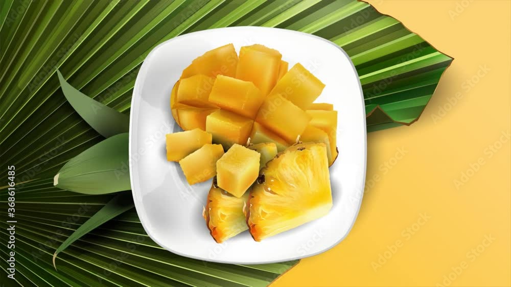A set of mango and pineapple on a white plate and leaves. A set of mango and pineapple on a white plate and leaves.