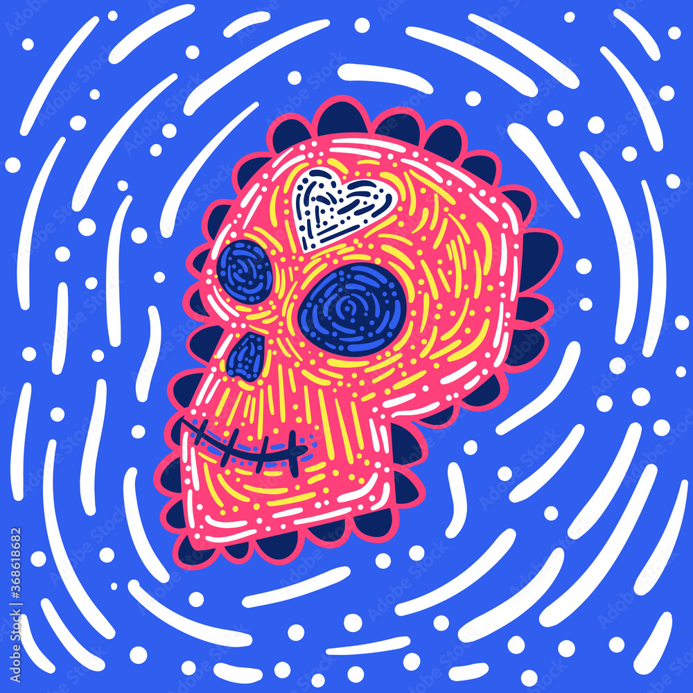 Fototapeta premium Dia de los muertos and Day of the dead. Mexican carnival concept with sugar festive skull. Fiesta, holiday poster, greeting card in doodle style. Stock vector illustration isolated on blue background.