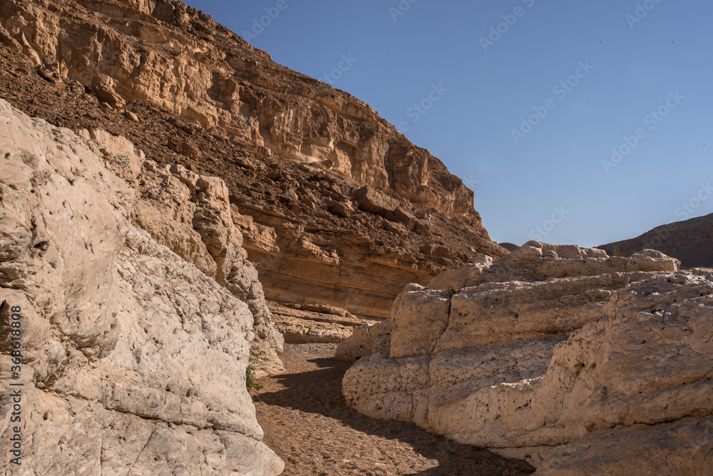 Fototapeta premium Crescents Spring round trail in Ramon Crater, at its eastern end, near the small town of Mitzpe Ramon, Ramon Nature reserve, Negev desert, Israel.