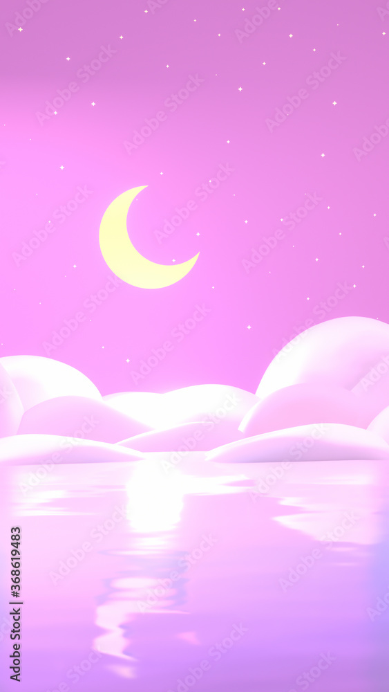 Cartoon crescent moon and pink sea at night. 3d rendering picture. (vertical)