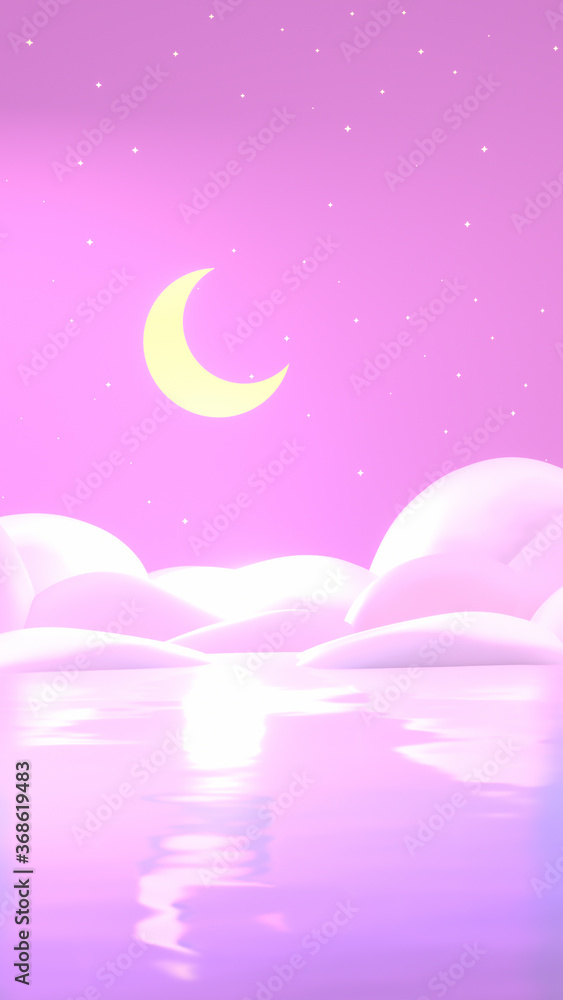 Fototapeta premium Cartoon crescent moon and pink sea at night. 3d rendering picture. (vertical)