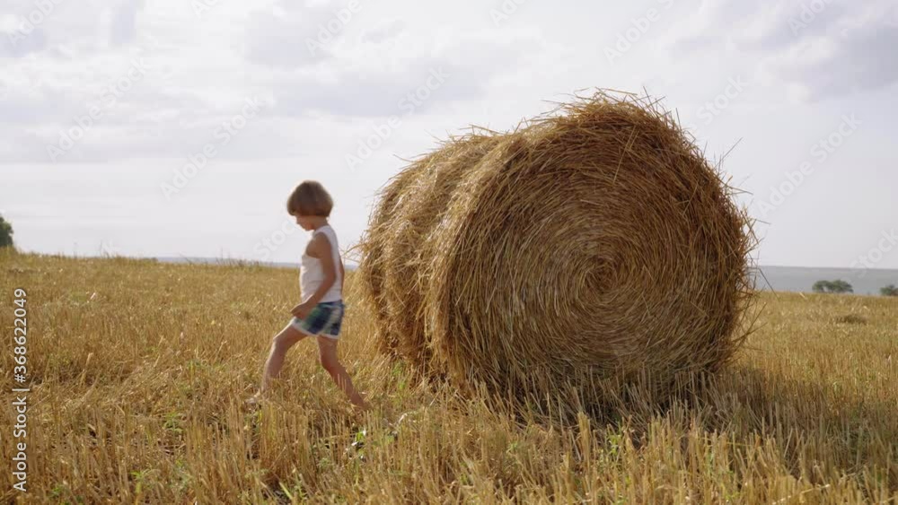 Happy children play around a stack of straw. Happy childhood in the village. Happy children play around a stack of straw. Happy childhood in the village.