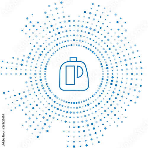 Blue line Plastic bottles for laundry detergent, bleach, dishwashing liquid or another cleaning agent icon isolated on white background. Abstract circle random dots. Vector Illustration.