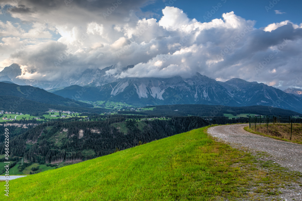 Dachstein mountain and summer valley views from Rohrmoos-Untertal, Austria.