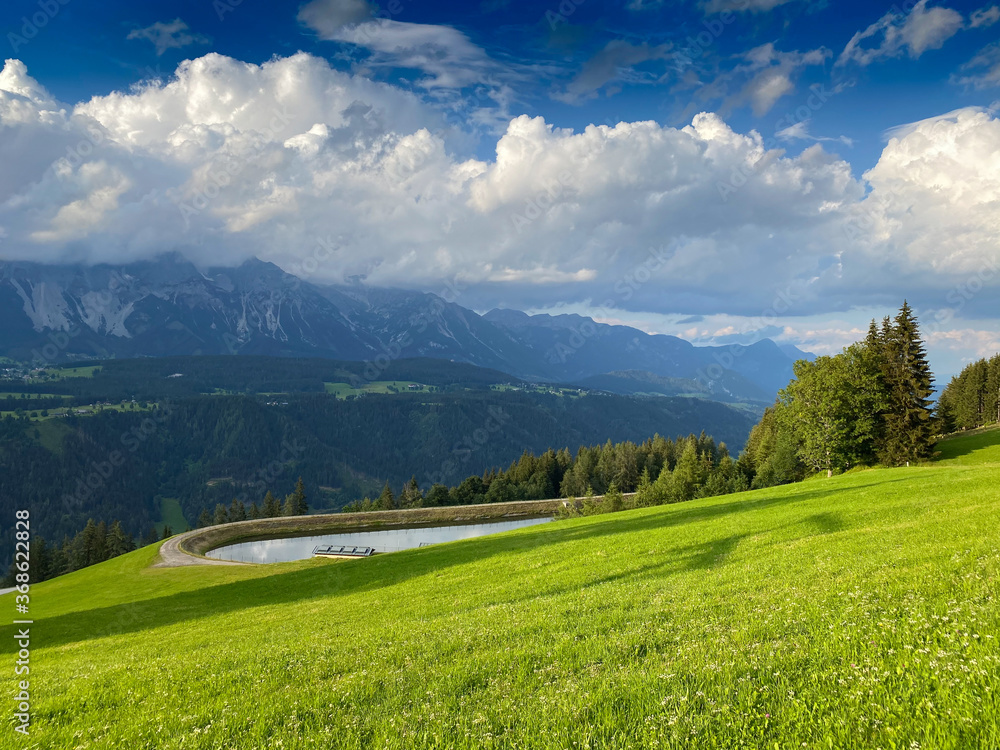 Dachstein mountain and summer valley views from Rohrmoos-Untertal, Austria.