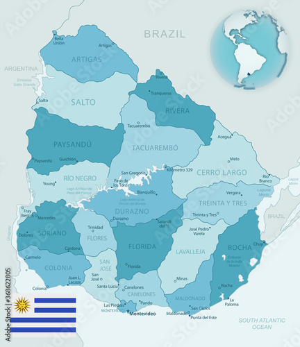 Fototapeta Naklejka Na Ścianę i Meble -  Blue-green detailed map of Uruguay administrative divisions with country flag and location on the globe.
