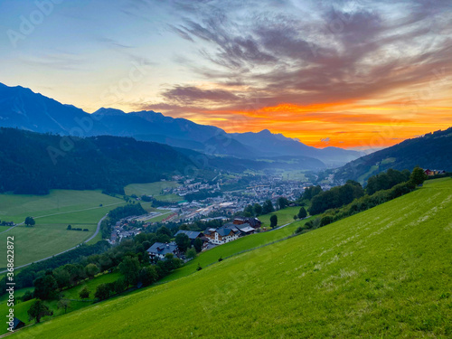 Dachstein mountain and Schladming city at sunrise.