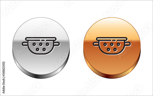 Black line Kitchen colander icon isolated on white background. Cooking utensil. Cutlery sign. Silver-gold circle button. Vector.
