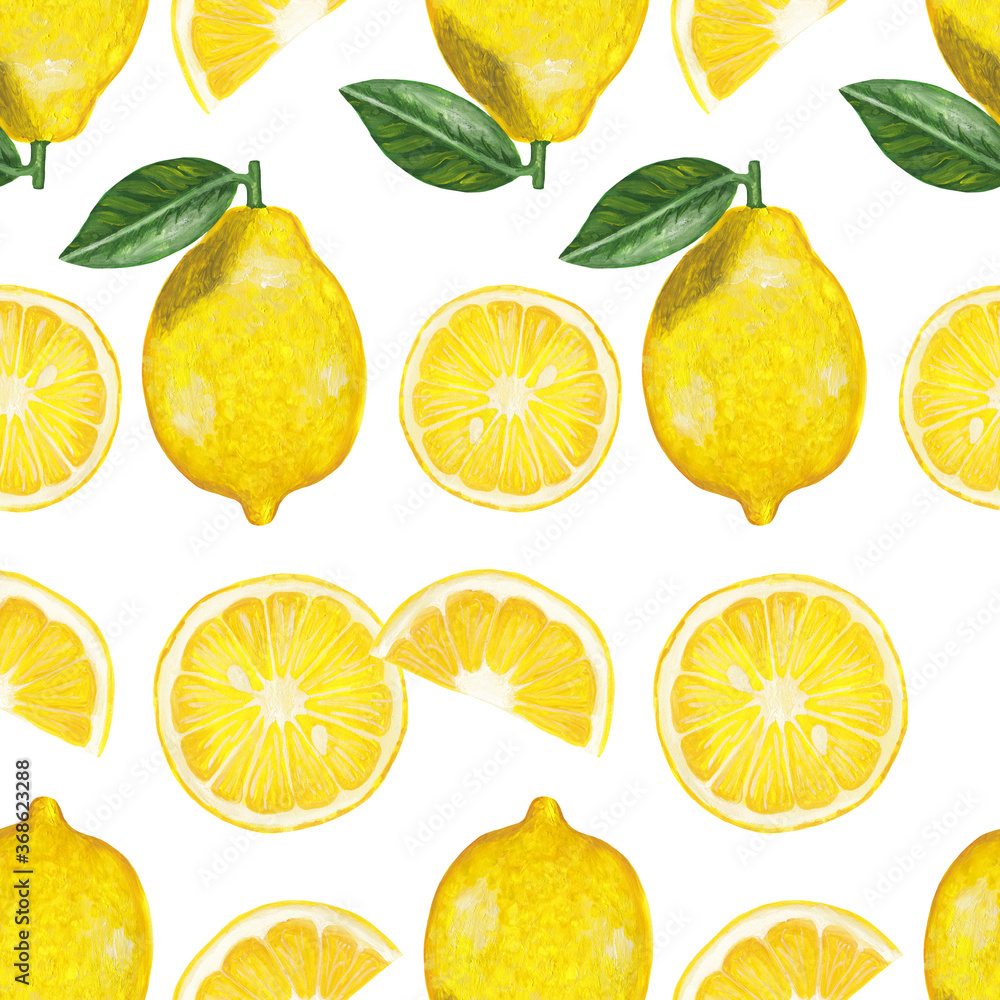 lemon seamless pattern on white square background. Raster seamless print of whole lemon with leaf, lemon slice hand drawn in realistic style