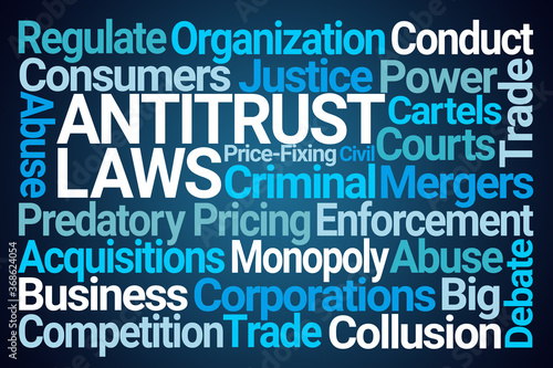 Antitrust Laws Word Cloud on Blue Background