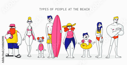 Types of people at the beach. Summer character design. Flat line illustration, isolated set, pack