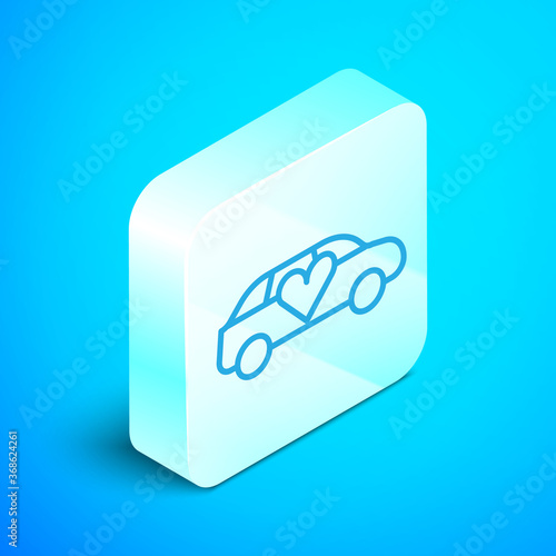 Isometric line Luxury limousine car icon isolated on blue background. For world premiere celebrities and guests poster. Silver square button. Vector.